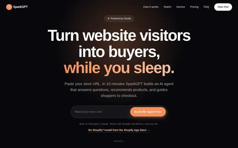 Screenshot of the SparkGPT homepage
