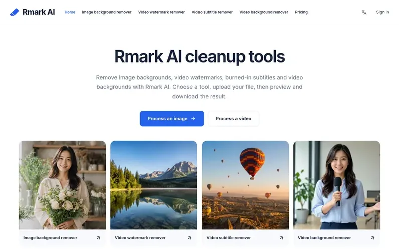 Screenshot of the Rmark AI homepage