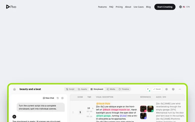 Screenshot of the Pixo homepage