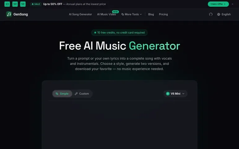Screenshot of the GenSong homepage