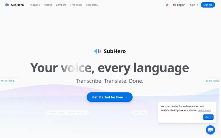 Screenshot of the SubHero homepage