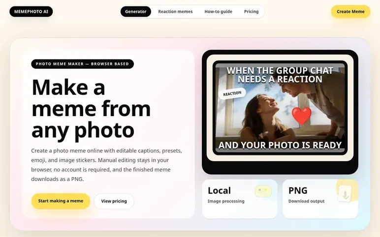 Screenshot of the MemePhoto AI homepage