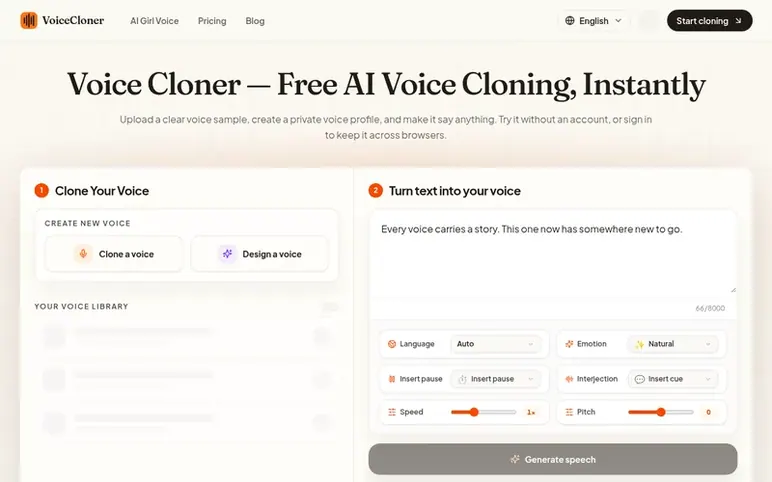Screenshot of the Voice Cloner homepage