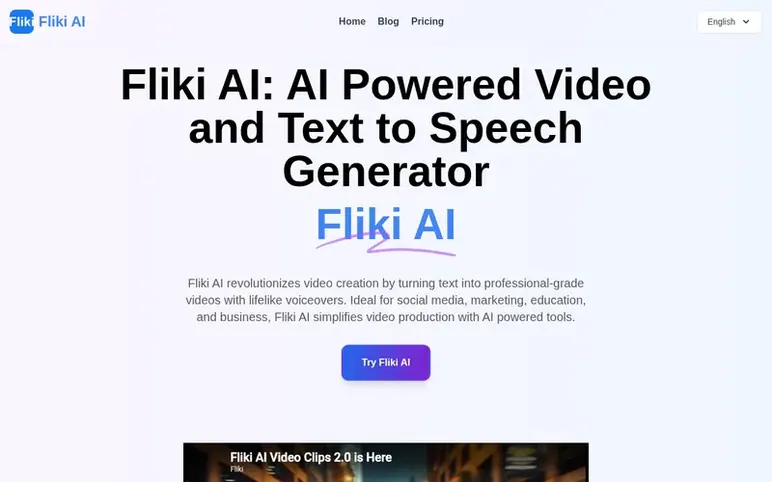 Screenshot of the Fliki AI homepage
