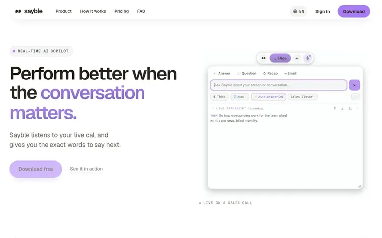 Screenshot of the Sayble homepage