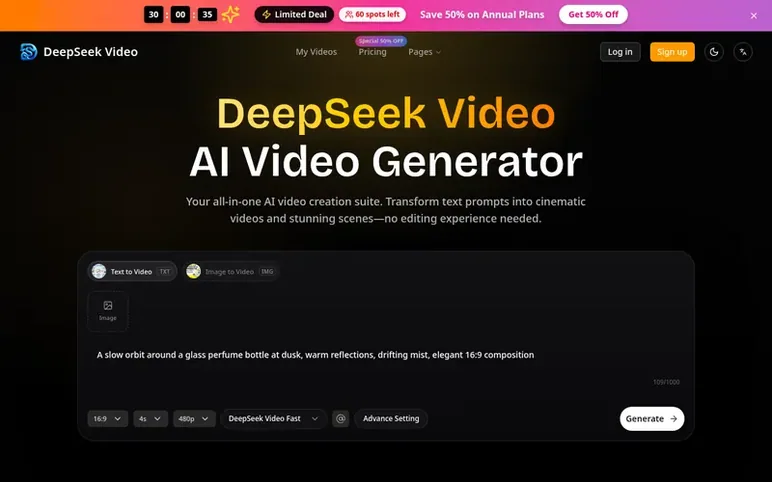 Screenshot of the DeepSeek Video homepage