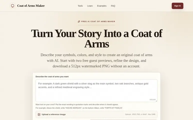 Screenshot of the Coat of Arms Maker homepage