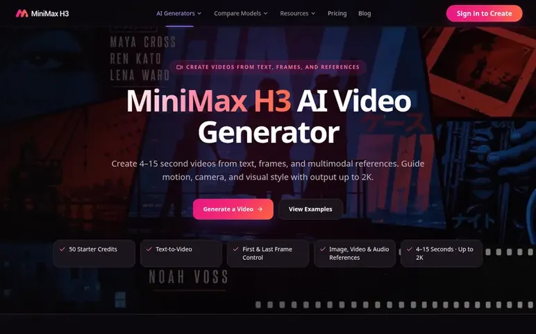 Screenshot of the MiniMax H3 homepage
