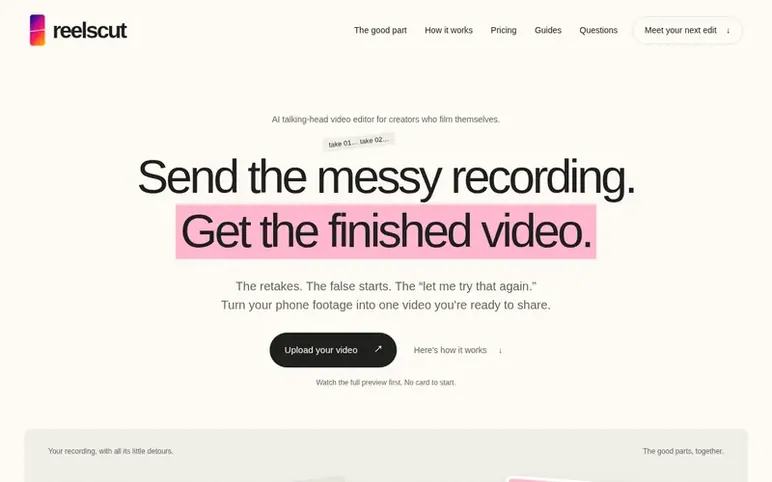 Screenshot of the ReelsCut homepage