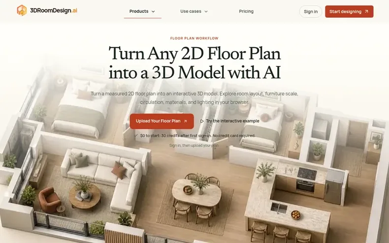 Screenshot of the 3DRoomDesign.ai homepage