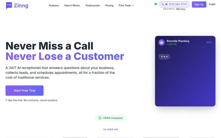 Screenshot of the Zinng homepage